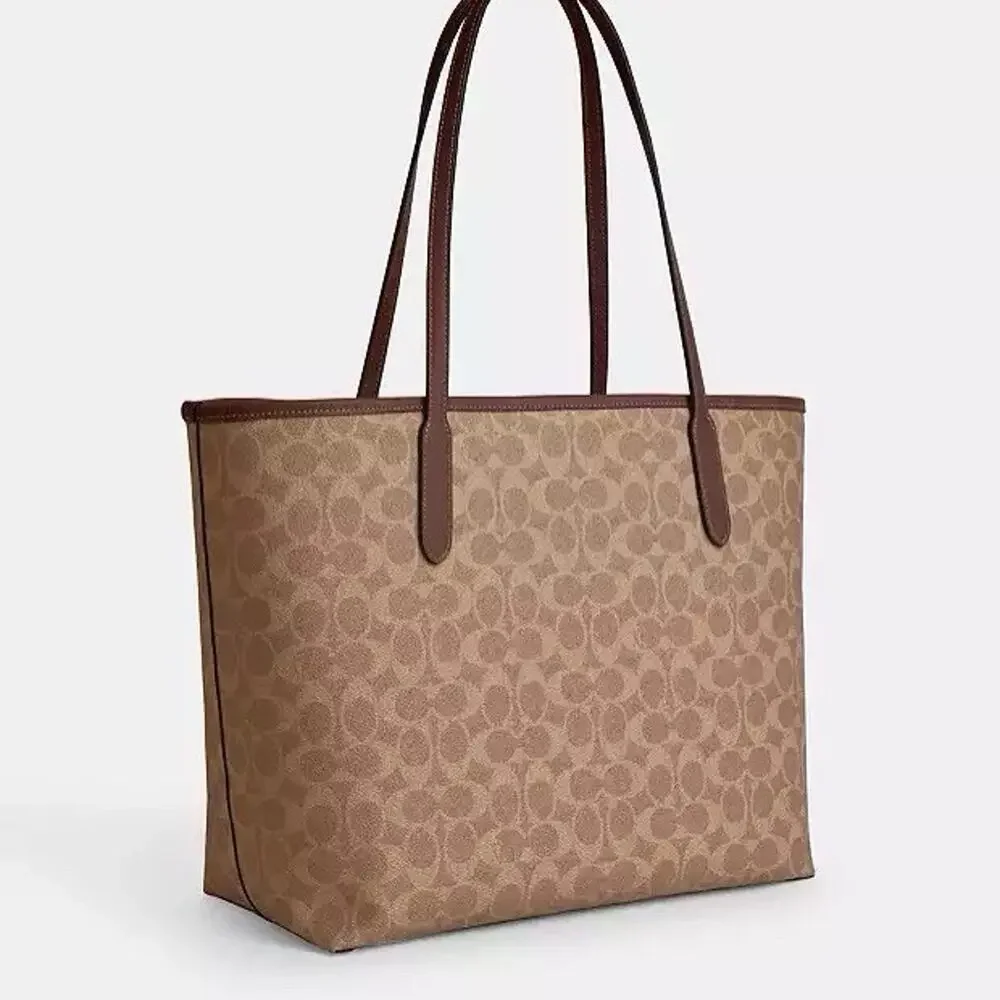 NWT COACH 🔥City Tote In Signature Canvas Gold/Tan/Brown CV976 - Picture 9 of 10